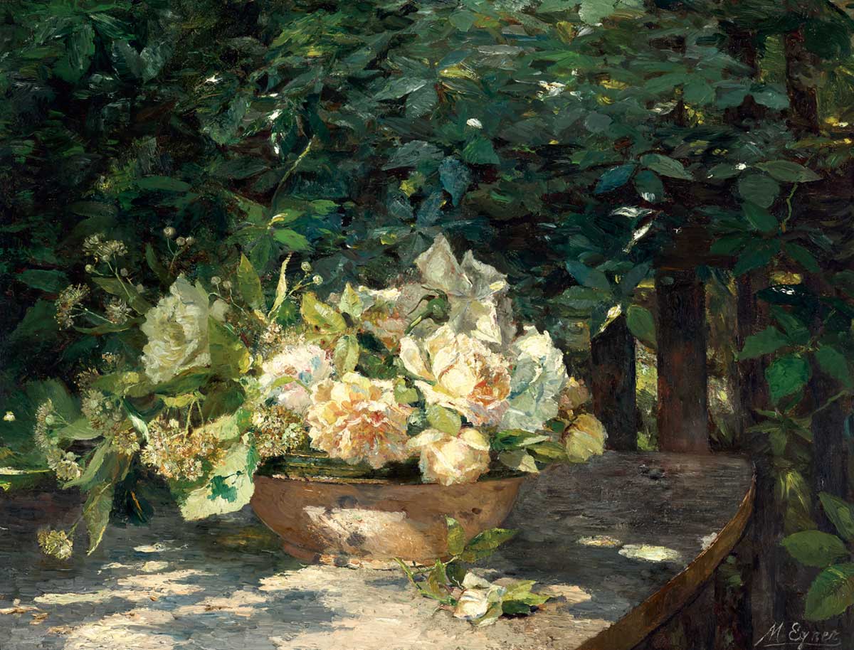 vintage flower painting by Marie Egner entitled “In the arbor (In der Laube)”