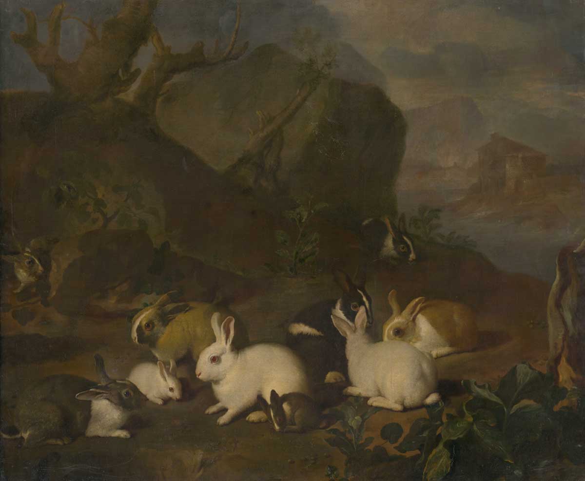 free vintage easter bunny painting of hares by Martin Ferdinand Quadal entitled "Hares In The Country"