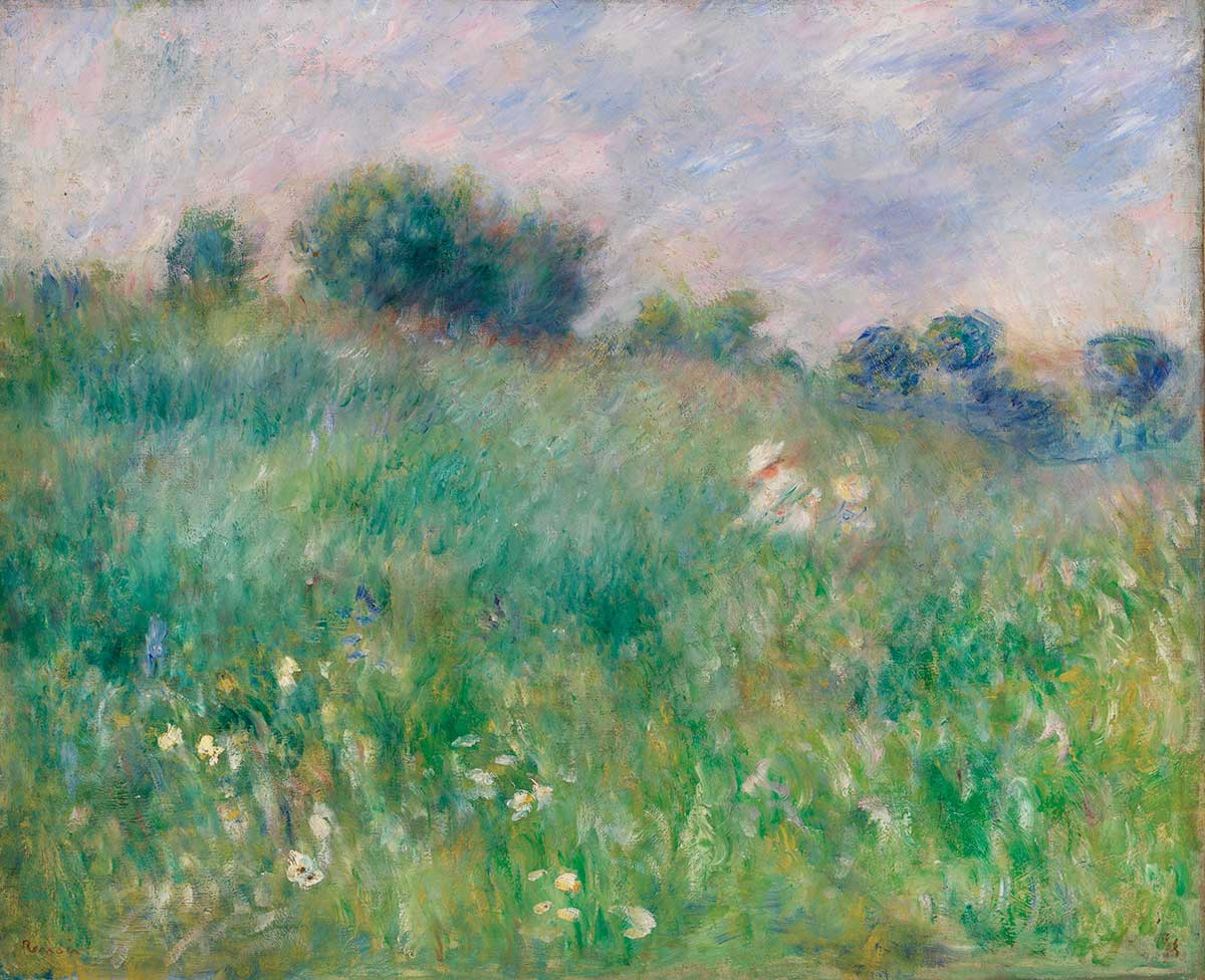 Free vintage spring landscape painting by Pierre-Auguste Renoir entitled "Meadow (La Prairie)"