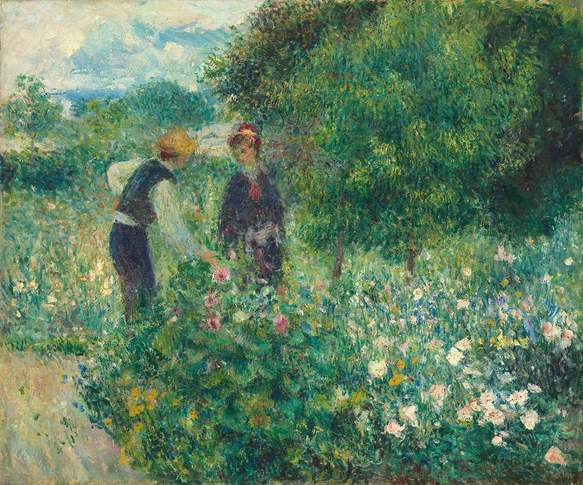 free vintage spring art portrait painting by Pierre-Auguste Renoir entitled "Picking Flowers"