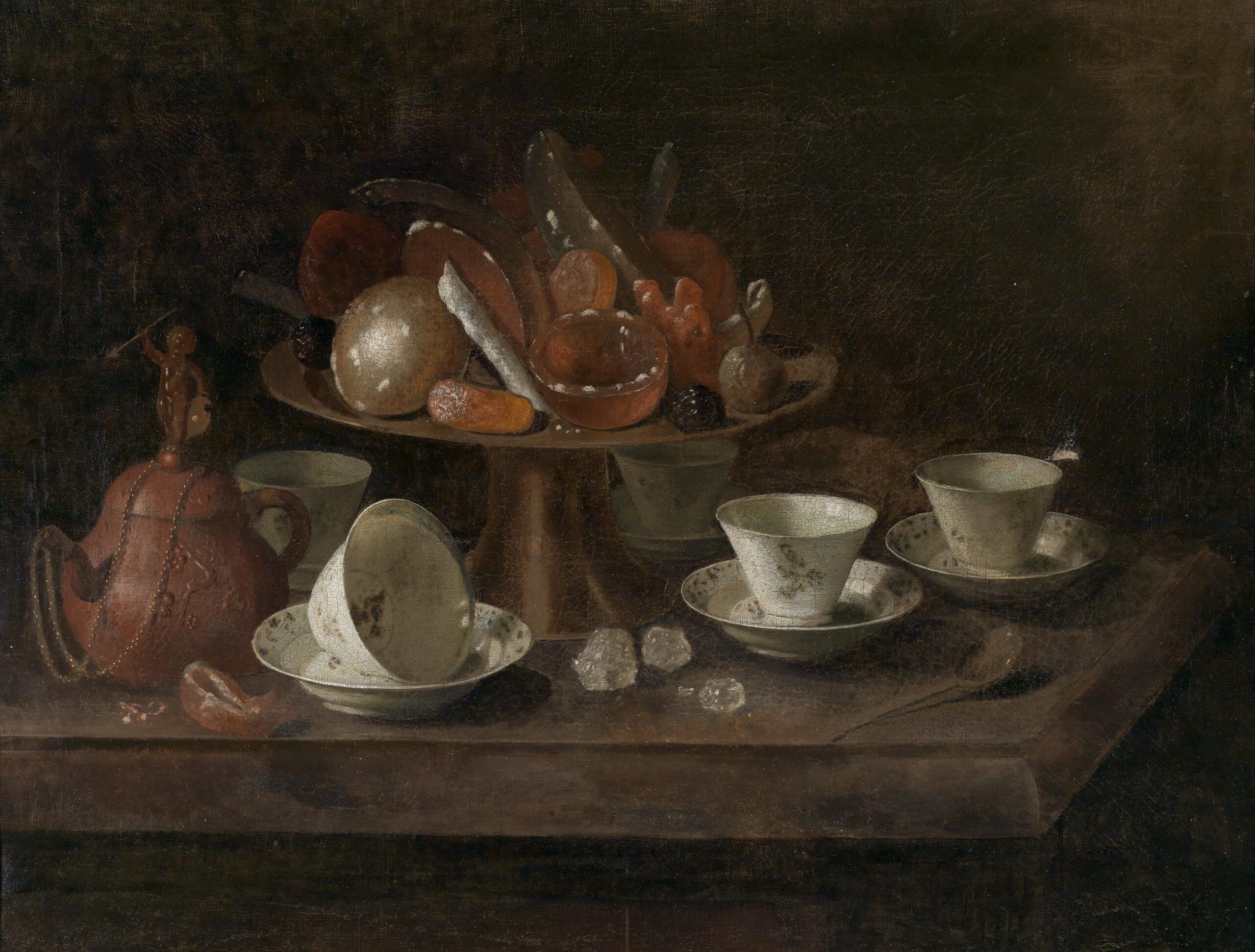 free vintage valentine's day art by Pieter Gerritsz van Roestraten entitled "Still life with chocolate cups and a tazza with sweets"