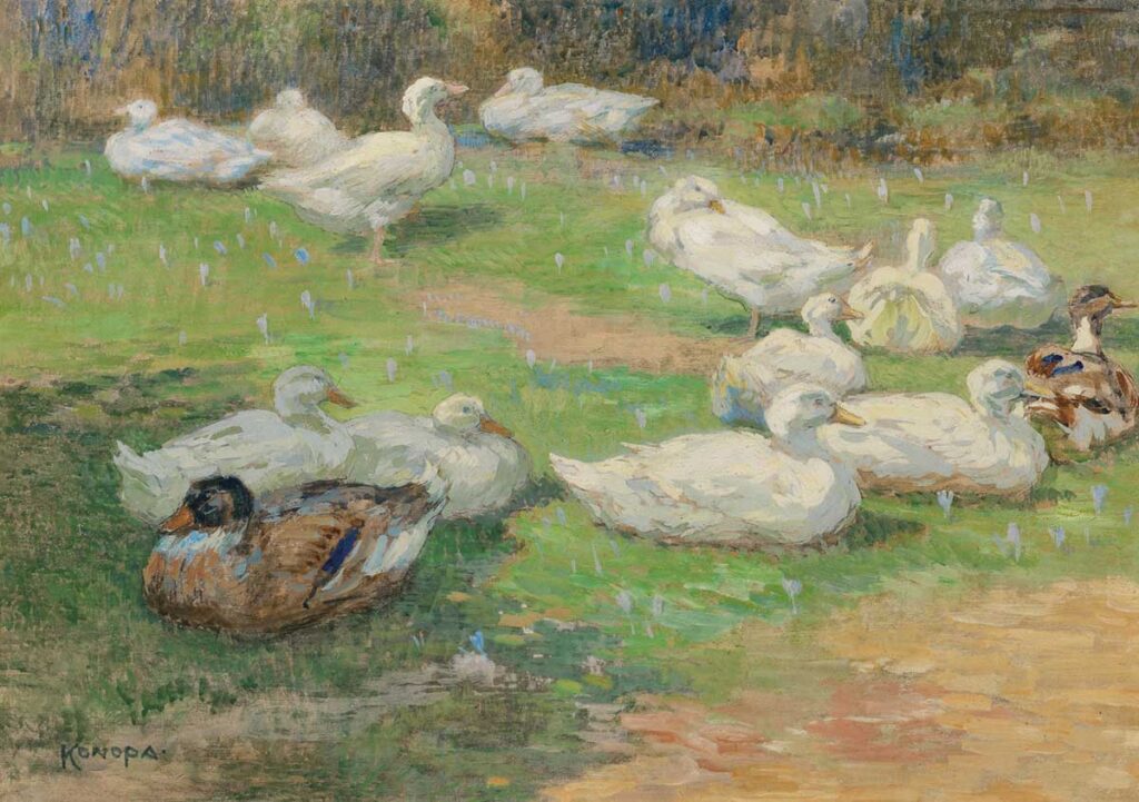free vintage spring animals painting of ducks by Rudolf Konopa entitled "Ducks on the Meadow (Enten auf der Wiese)"