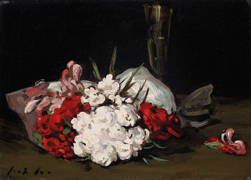 free vintage Valentine's day art by Samuel John Peploe entitled "Bouquet of Red and White Flowers with a Champagne Glass" for use as spring home decor