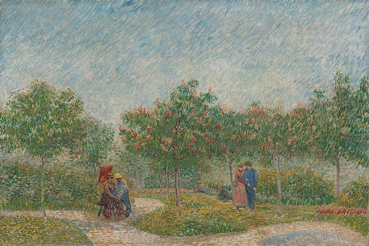 free vintage valentines day art by Vincent van Gogh entitled "Garden in Montmarte with lovers" for use as spring home decor