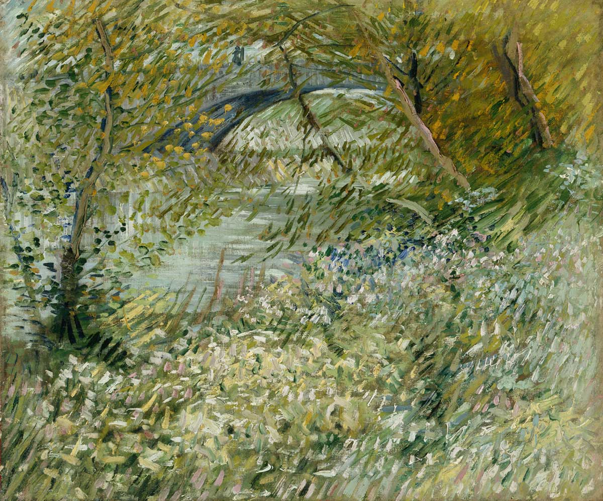 free vintage spring landscape painting by Vincent van Gogh entitled "River Bank in Springtime"