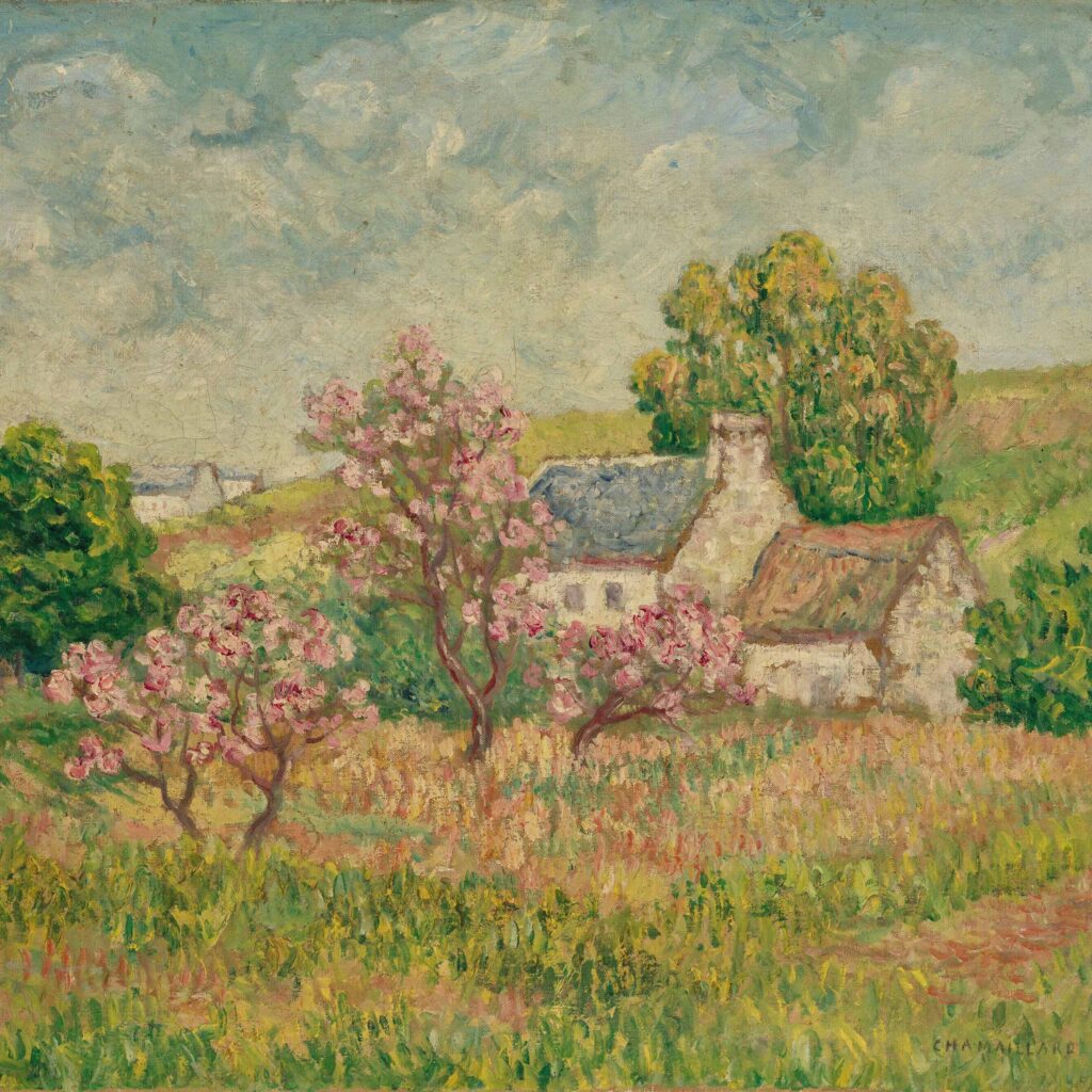 a vintage spring landscape painting of a cottage seen from afar with a spring landscape and flowering spring trees for use as free vintage spring art
