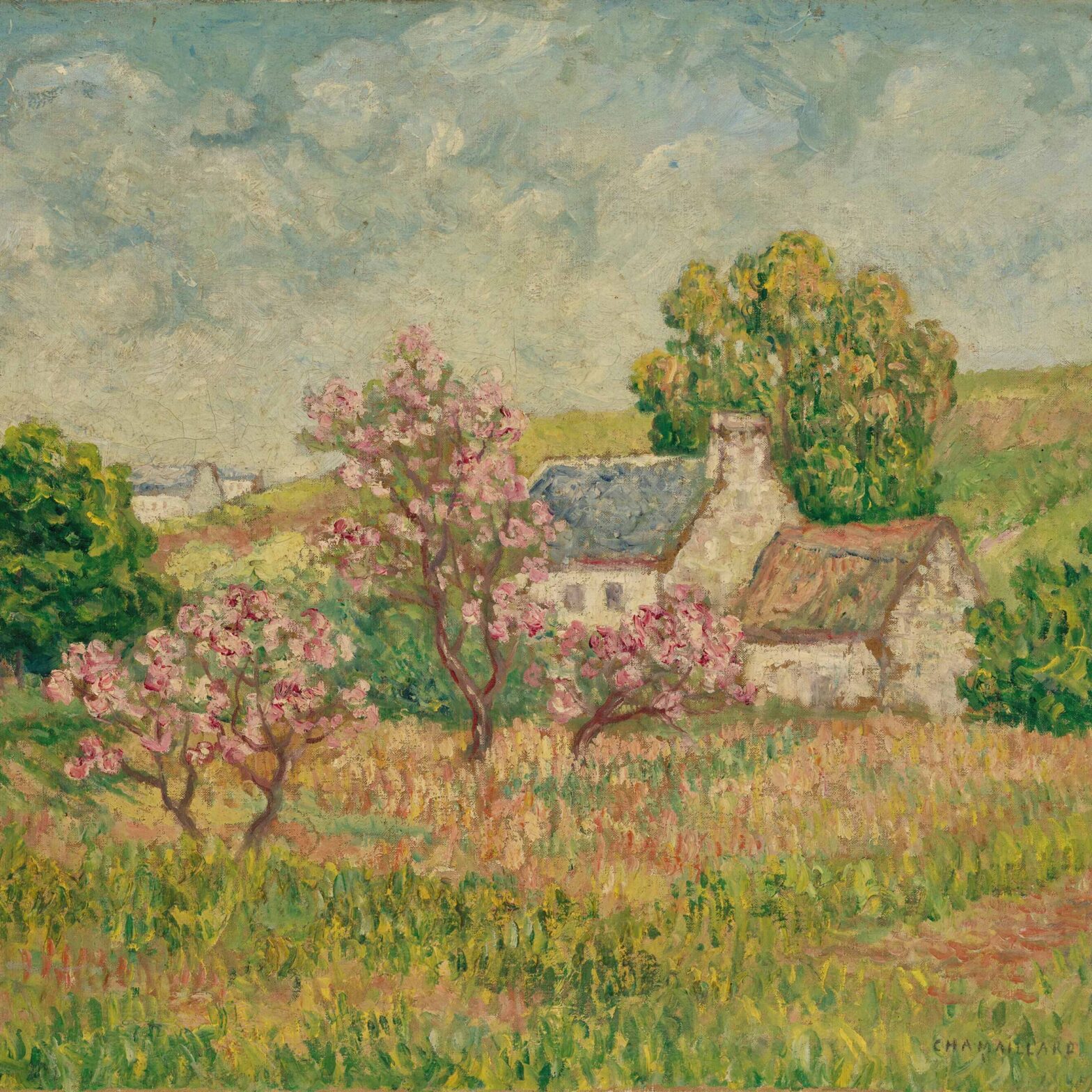 a vintage spring landscape painting of a cottage seen from afar with a spring landscape and flowering spring trees for use as free vintage spring art