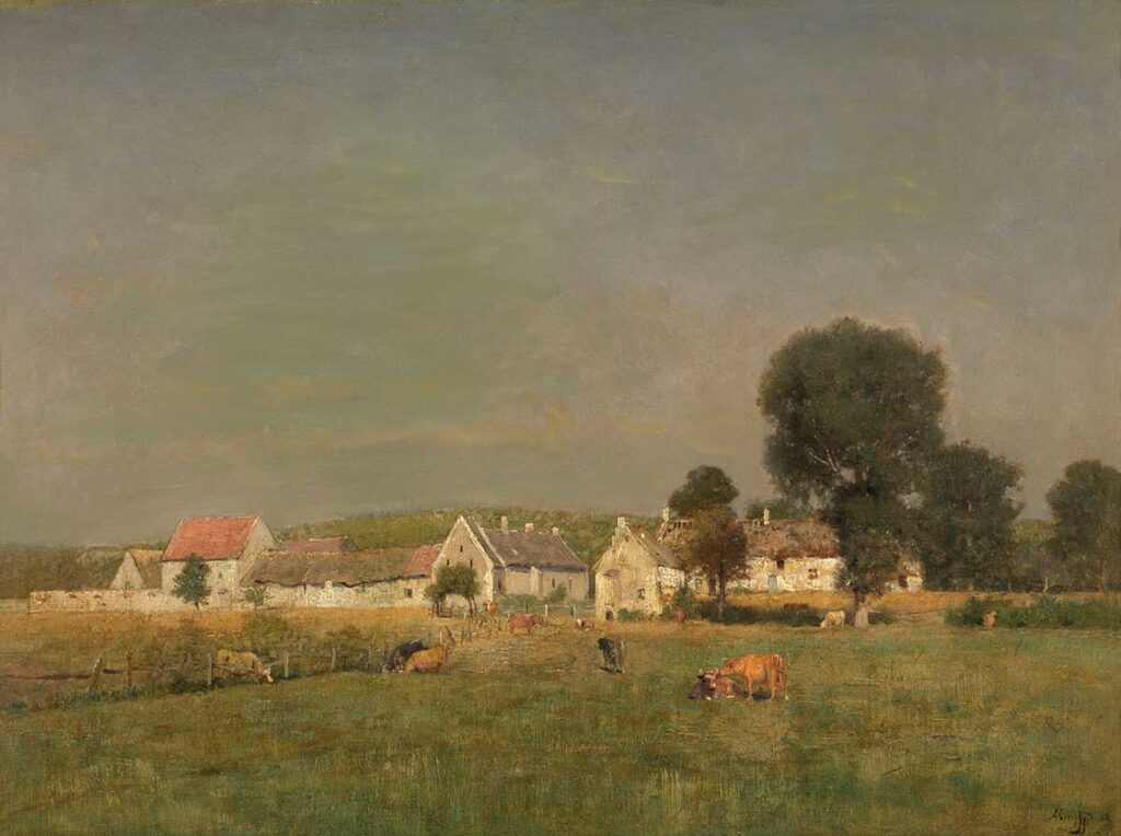Free vintage landscape painting of cows in a field in front of a small village by Alfred De Knyff entitled "The Village Chaslepont"