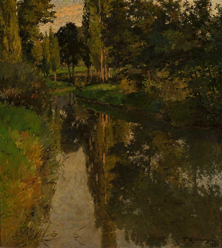 free vintage landscape painting by Friedrich Kallmorgen entitled “Landscape with a Creek” for use as free printable wall art.