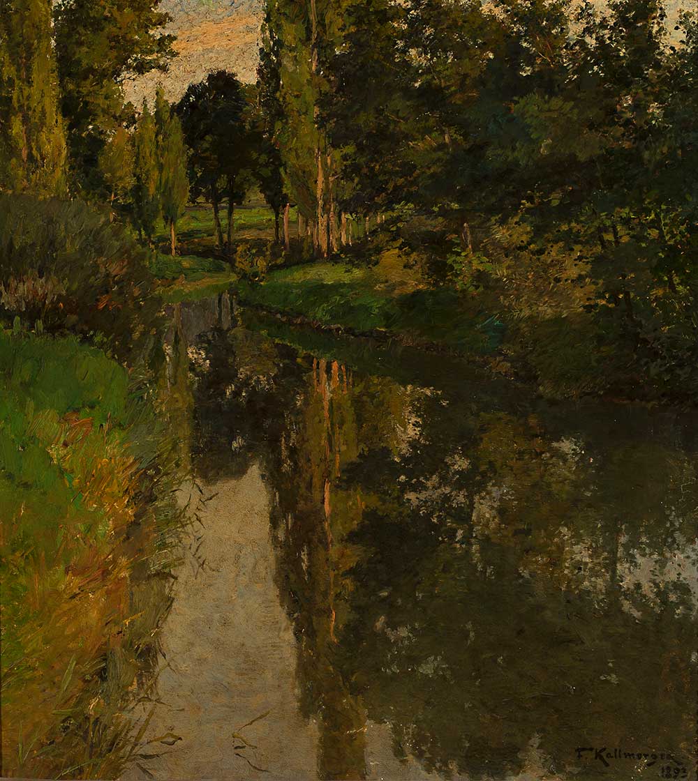 free vintage landscape painting by Friedrich Kallmorgen entitled “Landscape with a Creek” for use as free printable wall art.