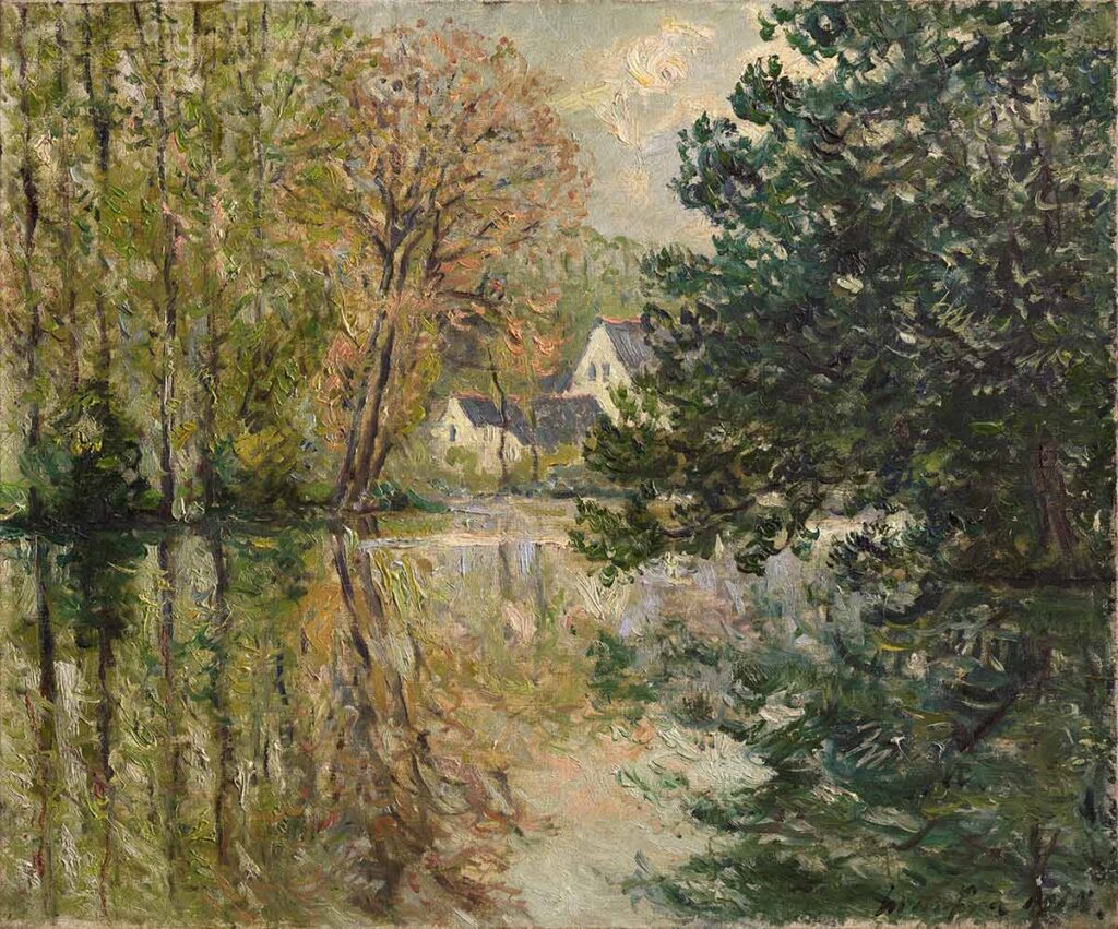 free vintage landscape painting by Maxime Maufra entitled "The Loir at Poncé, Sarthe" showing a view of a house surrounded by trees across a pond for use as free printable wall art vintage home decor