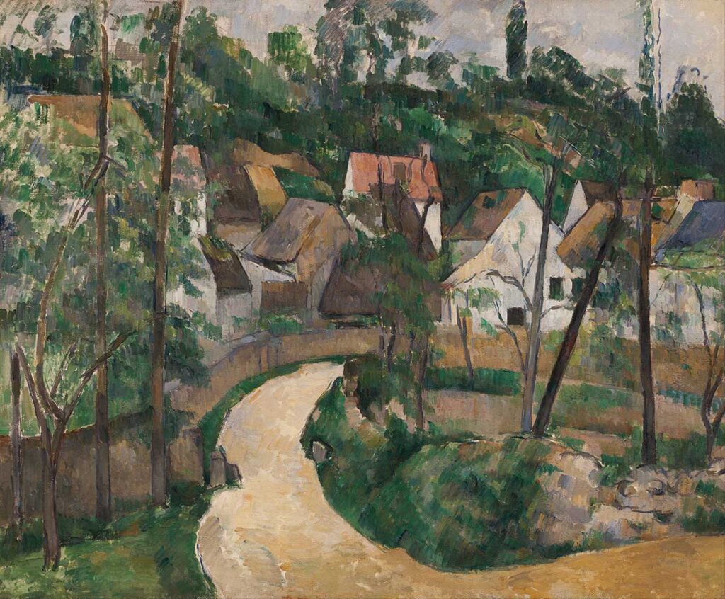 free vintage landscape painting of a village scene by Paul Cézanne entitled "La Route tournante (Turn in the Road)" for use as free printable wall art