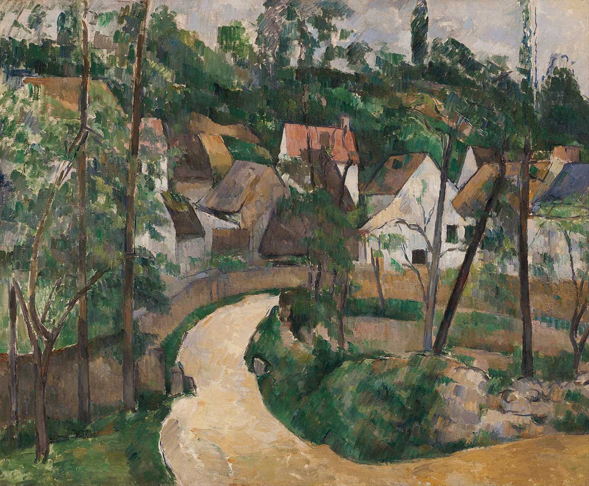 free vintage landscape painting of a village scene by Paul Cézanne entitled "La Route tournante (Turn in the Road)" for use as free printable wall art