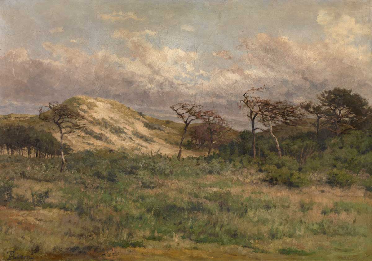 free vintage landscape painting by Théodore Baron entitled "In de duinen" for use as vintage home decor