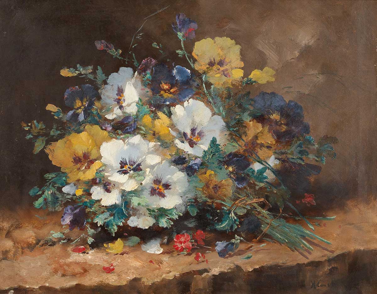 free vintage spring flower painting by Eugène Henri Cauchois entitled "Pansies" showing a bouquet of spring flowers laying down on their side.