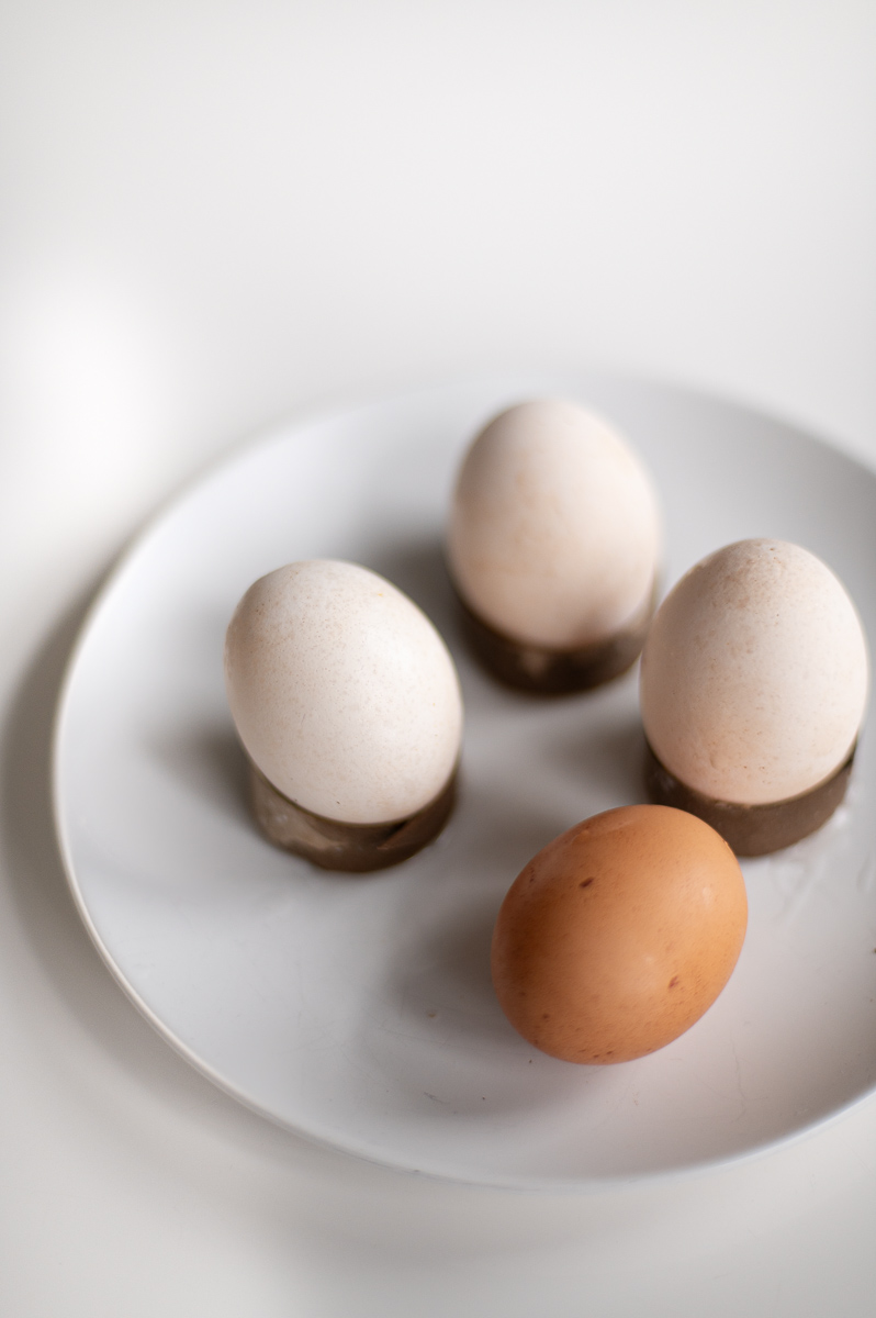 Before and after boiling brown eggs in vinegar for whiter shells
