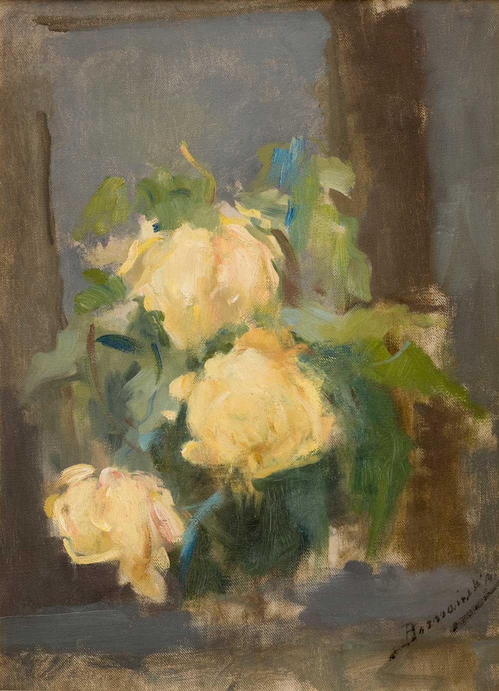 free vintage flower painting by Olga Boznańska entitled "Golden Roses" for use as vintage home decor wall art