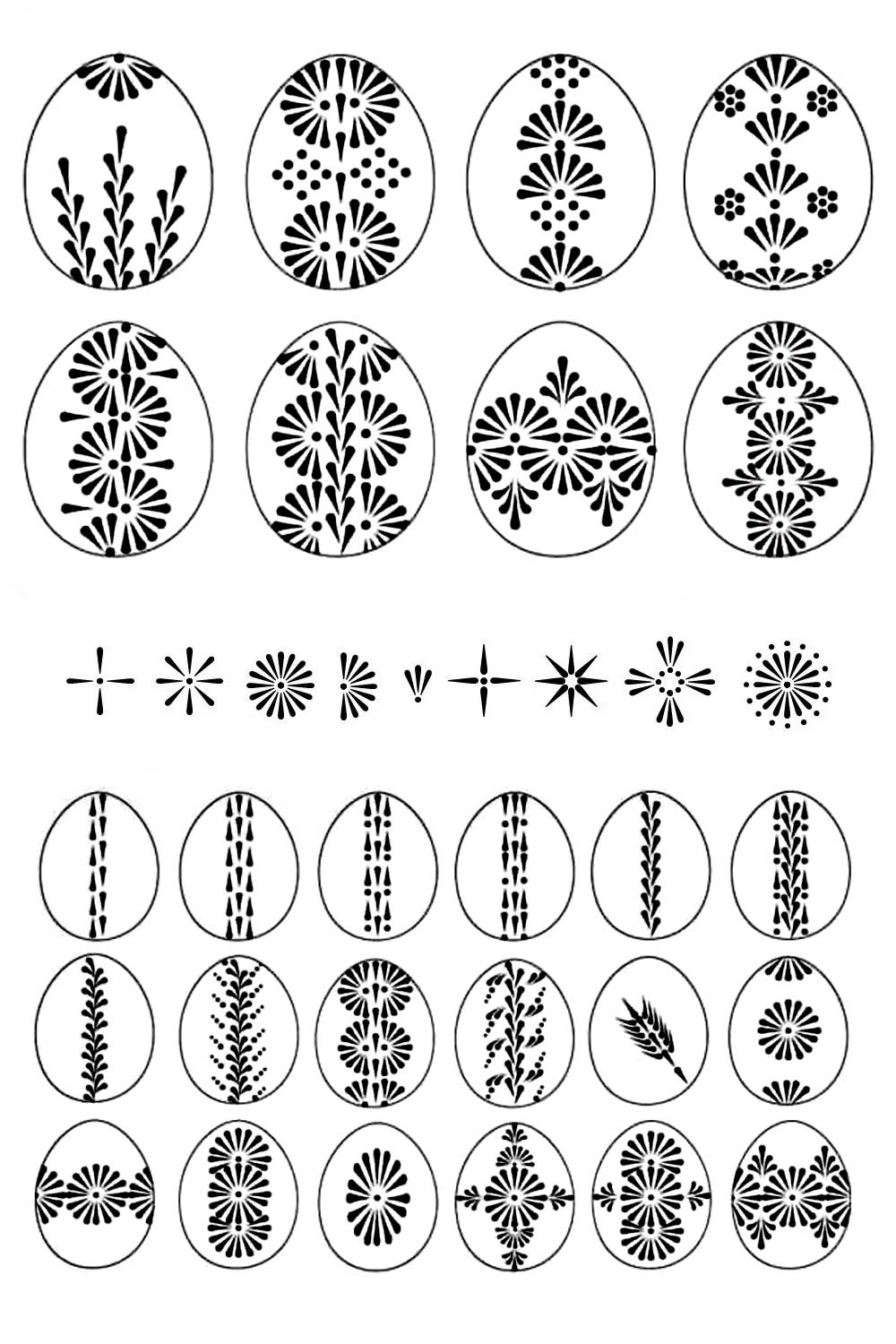 a collection of traditional pin-drag, drop-pull wax resist easter eggs designs and easter egg decorating ideas