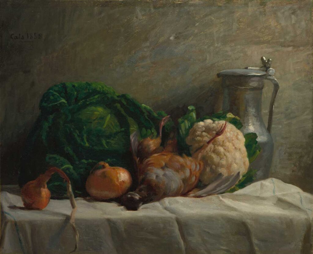 vintage still life painting of vegetables by Adolphe-Félix Cals entitled "Still Life with Vegetables, Partridge, and a Jug" for use as free printable cottagecore wall art