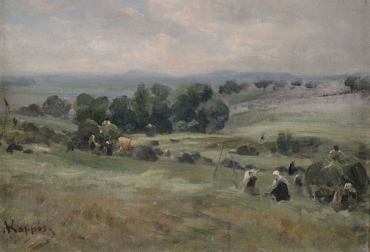 free vintage country farm landscape by Albert Kappis entitled  "Hay Harvest in a Wide Landscape (Heuernte in weiter Landschaft)" perfect for use as free printable farmhouse wall decor