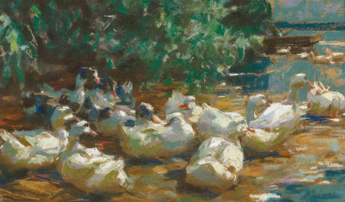vintage painting of ducks under a willow tree by Alexander Koester entitled "Duck Nesting Under Willows (Entenlager unter Weiden)" for use as free printable cottagecore wall art