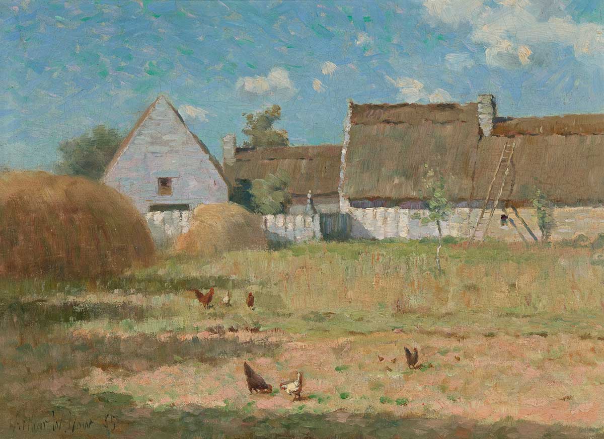 Free vintage european farmhouse oil painting landscape by Arthur Wesley Dow entitled "Brittany Farm"