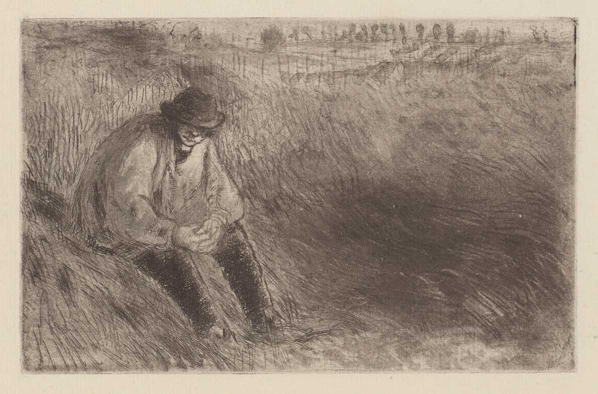 vintage sketch of a farmer sitting in a field by Camille Pissarro entitled "Paysan, le père Melon"