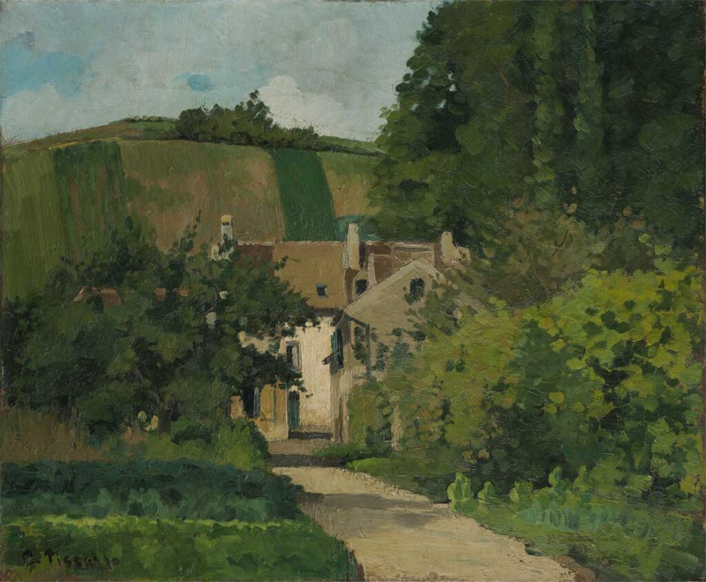 vintage landscape painting by Camille Pissarro entitled "View of the Côte Saint-Denis, Pontoise, ca" for use as free printable farmhouse wall art