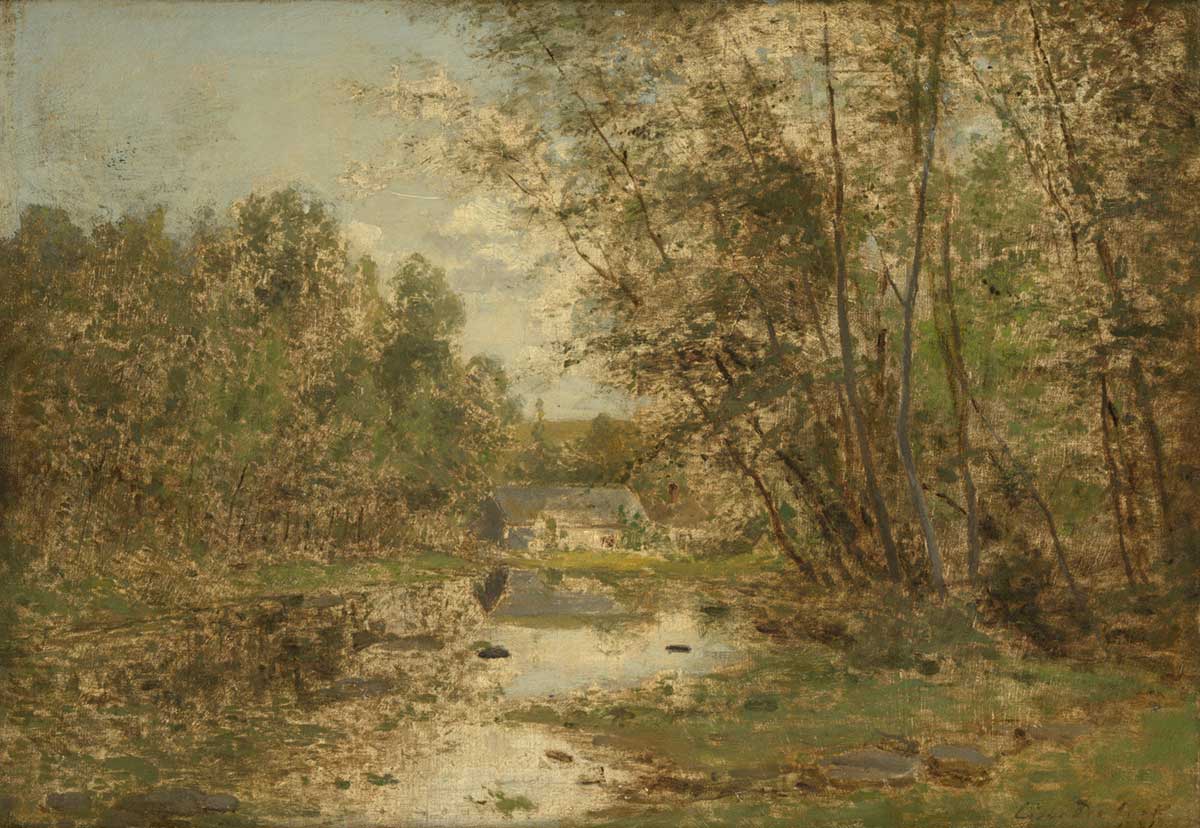 Free vintage landscape painting of a cottage in the trees by César De Cock entitled "Landscape" perfect for printable farmhouse wall art decor