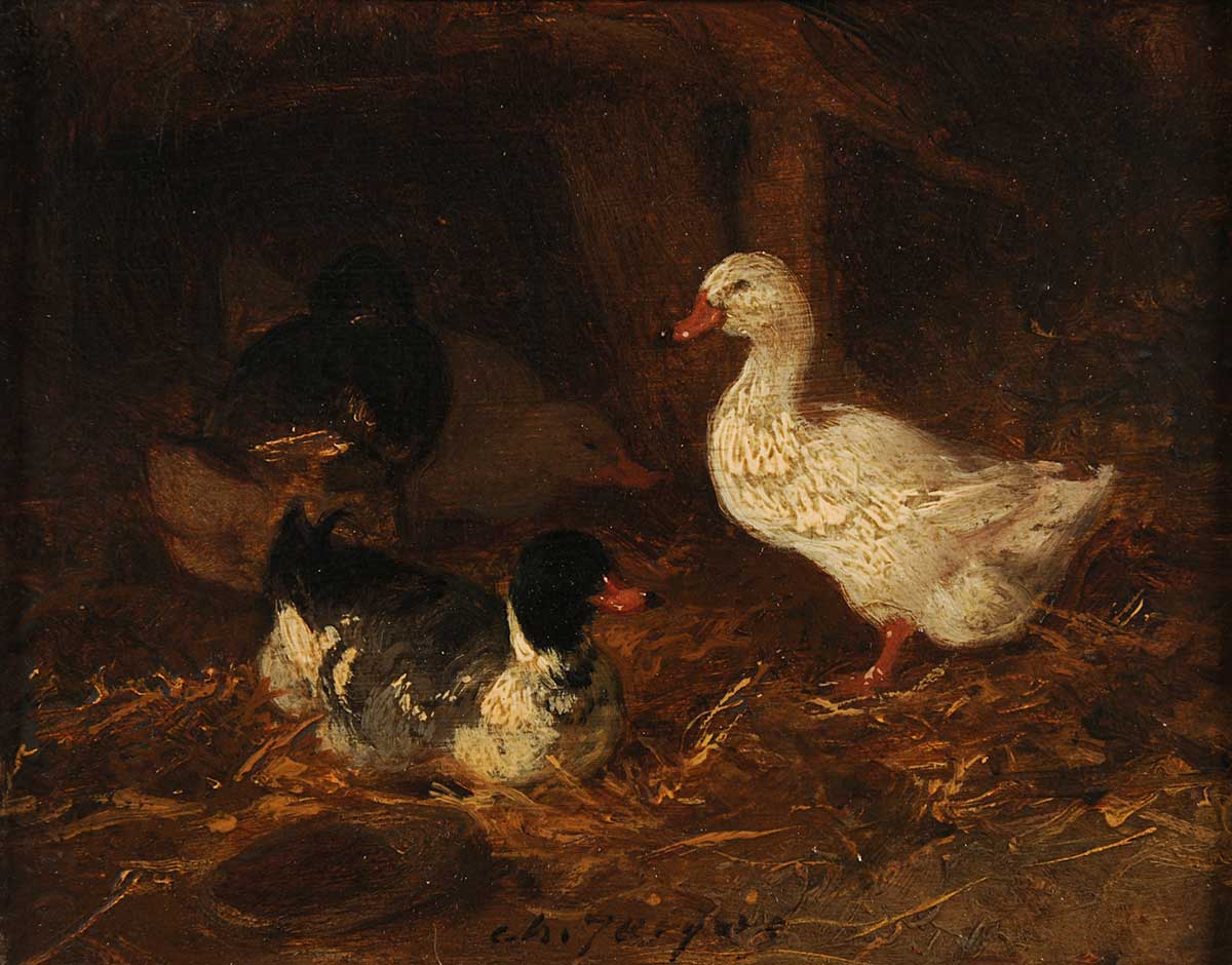vintage painting of ducks in hay by Charles Emile Jacque entitled "Canards dans une basse-cour" for use as free printable farmhouse wall art