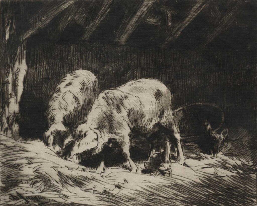 vintage etching of pigs in hay on a farm by Charles Emile Jacque entitled "Two Pigs" for use as free printable farmhouse wall art