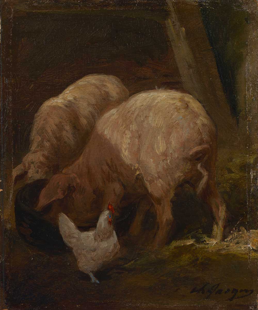 vintage farm animals painting of pigs and a chicken by Charles Jacque entitled "Pigs" for use as free printable farmhouse wall art