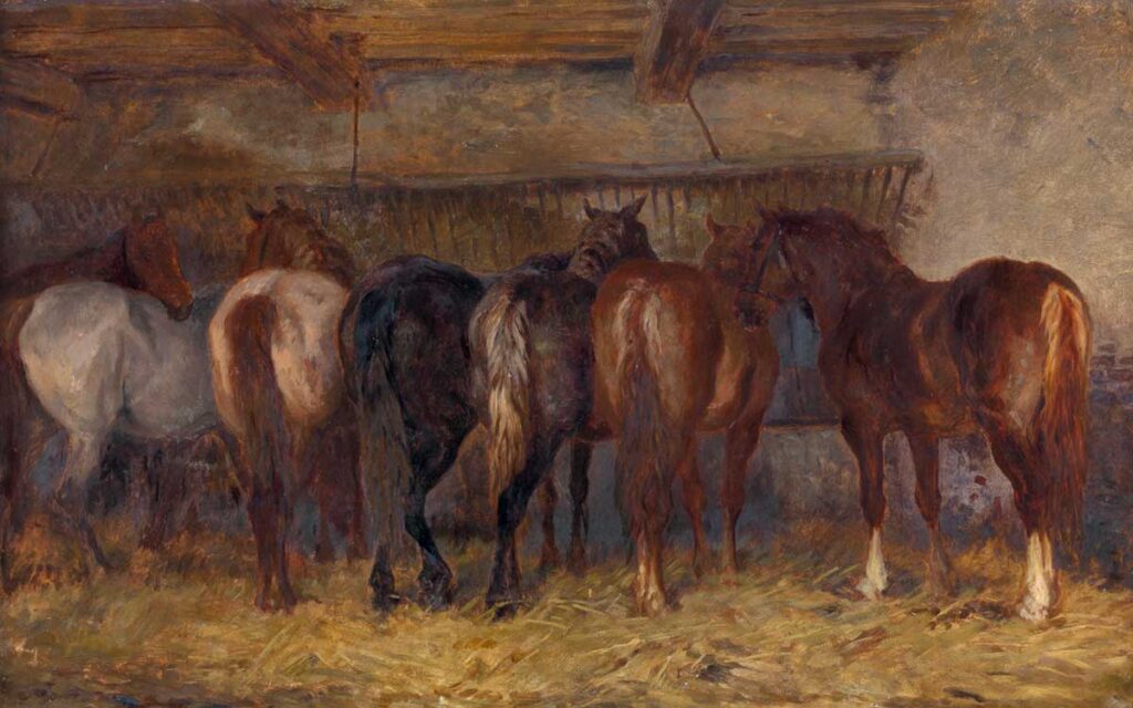 vintage horse painting by Charles Tschaggeny entitled "Horses in Stable" for use as free printable equine art