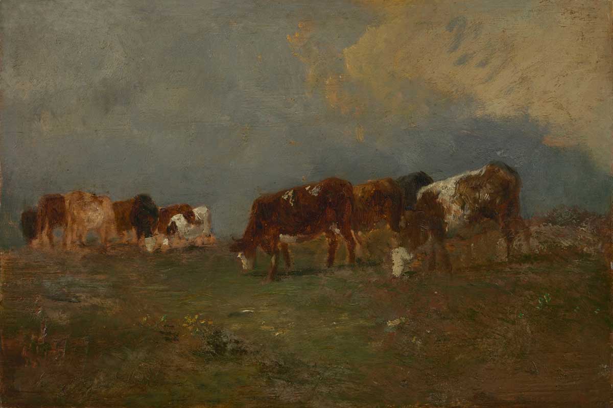 vintage painting of cows grazing in a meadow by Constant Troyon for use as free printable wall art