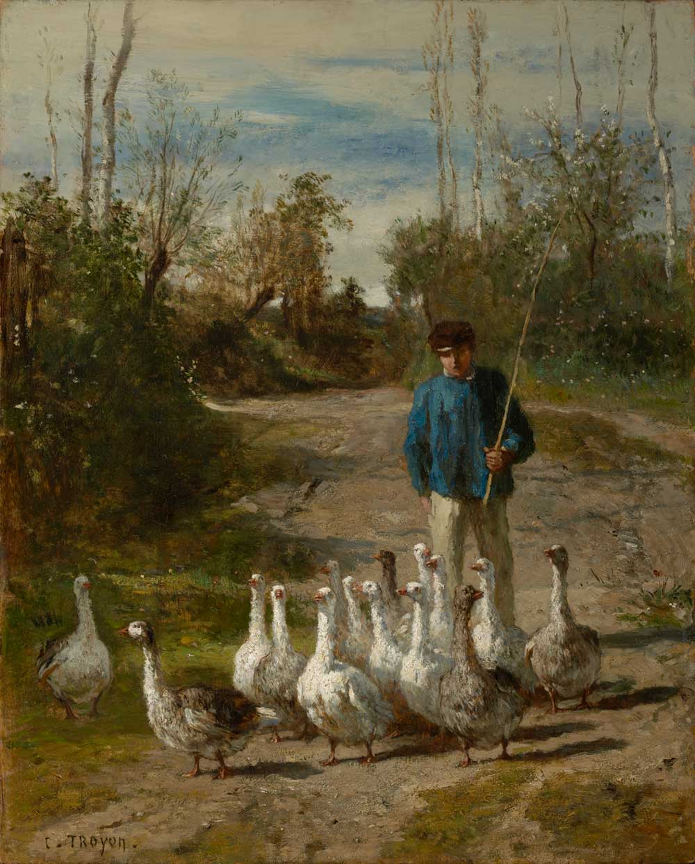 vintage portrait painting of a farmer herding geese down a country road by Constant Troyon for use as free printable wall art