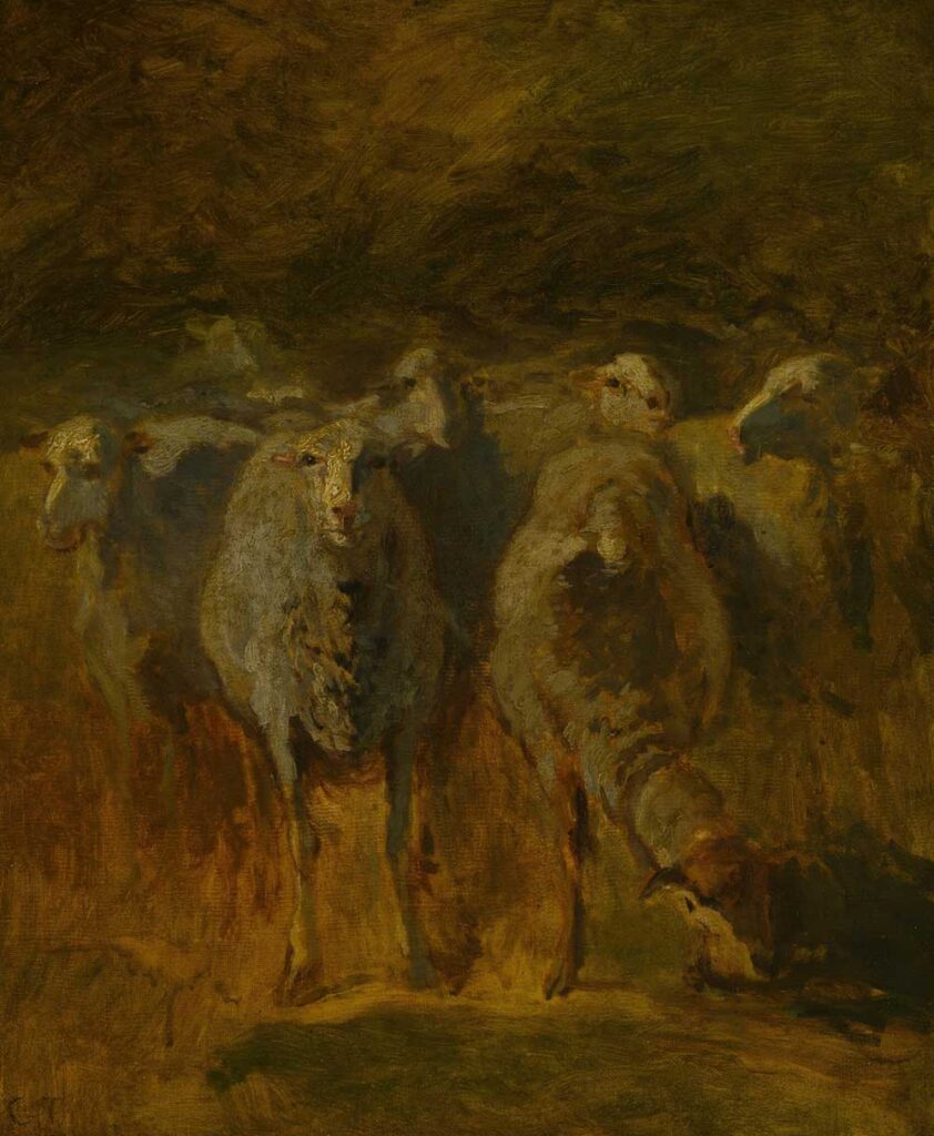 vintage painting of a herd of sheep by Constant Troyon for use as free printable farmhouse wall art