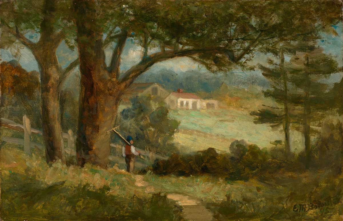 vintage landscape painting of a farmer returning home holding a rake by Edward Mitchell Bannister entitled  "Homeward" for use as free printable farmhouse wall art