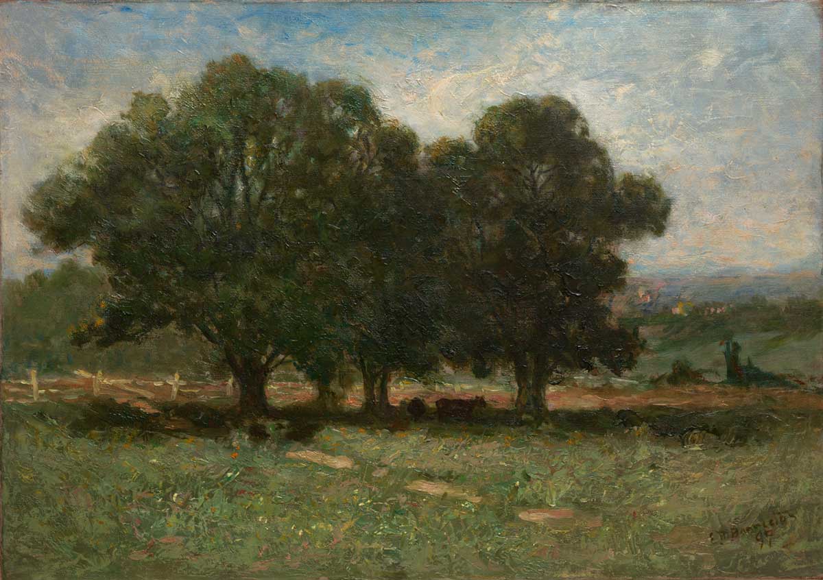 vintage landscape painting of trees in front of a white fence by Edward Mitchell Bannister for use as free printable wall art