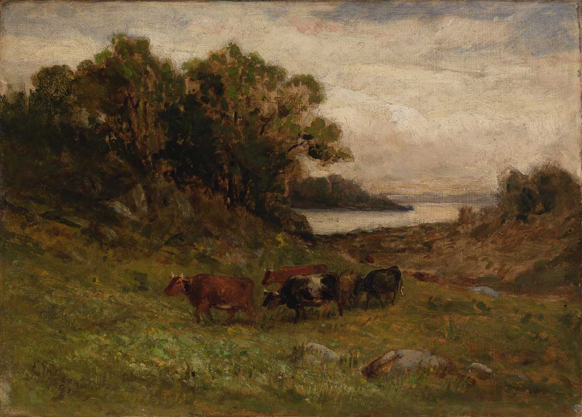 vintage landscape painting of cows grazing with trees and a river in the background by Edward Mitchell Bannister for use as free printable farmhouse wall art