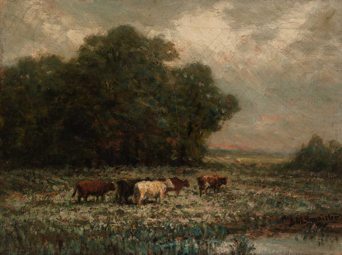 free vintage farm landscape painting with cows by Edward Mitchell Bannister entitled "Untitled (landscape with cattle grazing)" perfect for use as cottagecore wall decor