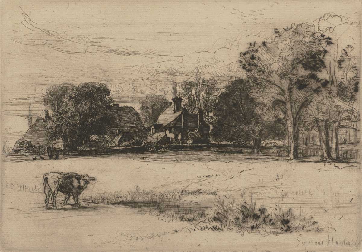 vintage landscape sketch of a cottage with a cow in the foreground by Francis Seymour Haden entitled "Horsley's Cottages" for use as free printable farmhouse wall art