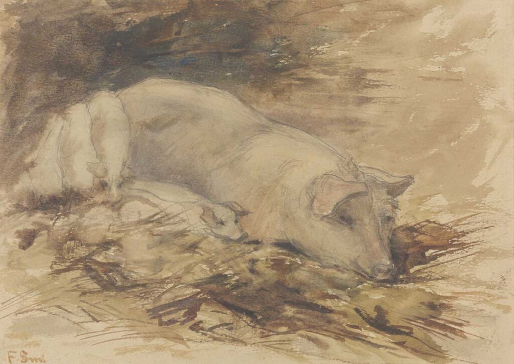 vintage watercolor painting of a pig with piglets by Frans Smissaert entitled "Sow with Piglets (Zeug met biggen)" for use as free printable cottagecore wall art