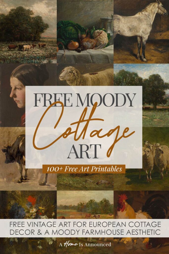 a collage of free printable european cottage and moody farm house vintage art for use as free wall decor.