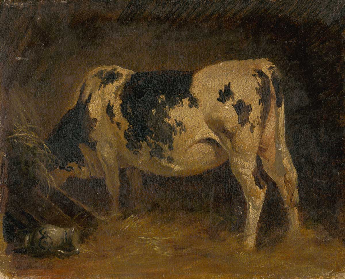 vintage painting of a cow in a barn by Friedrich Gauermann for use as free printable farm wall art