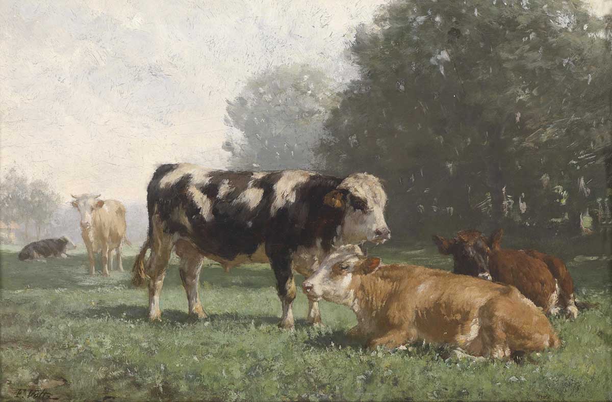 vintage painting of cows in a pasture by Friedrich Voltz for use as free printable wall art