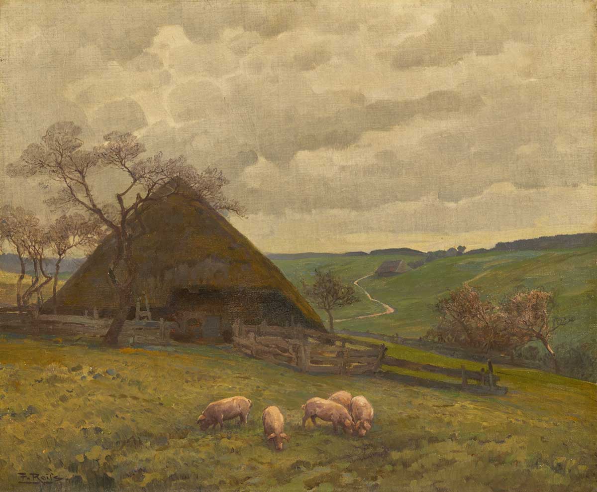 free vintage farm landscape painting of pigs in a farmyard by Fritz Reiss entitled "In the Hotzenwald"