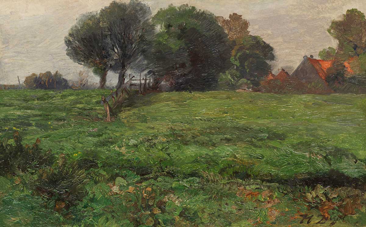 vintage landscape painting of a farm in the distance with trees and a fence by Heinrich von Zügel for use as free printable cottage wall art