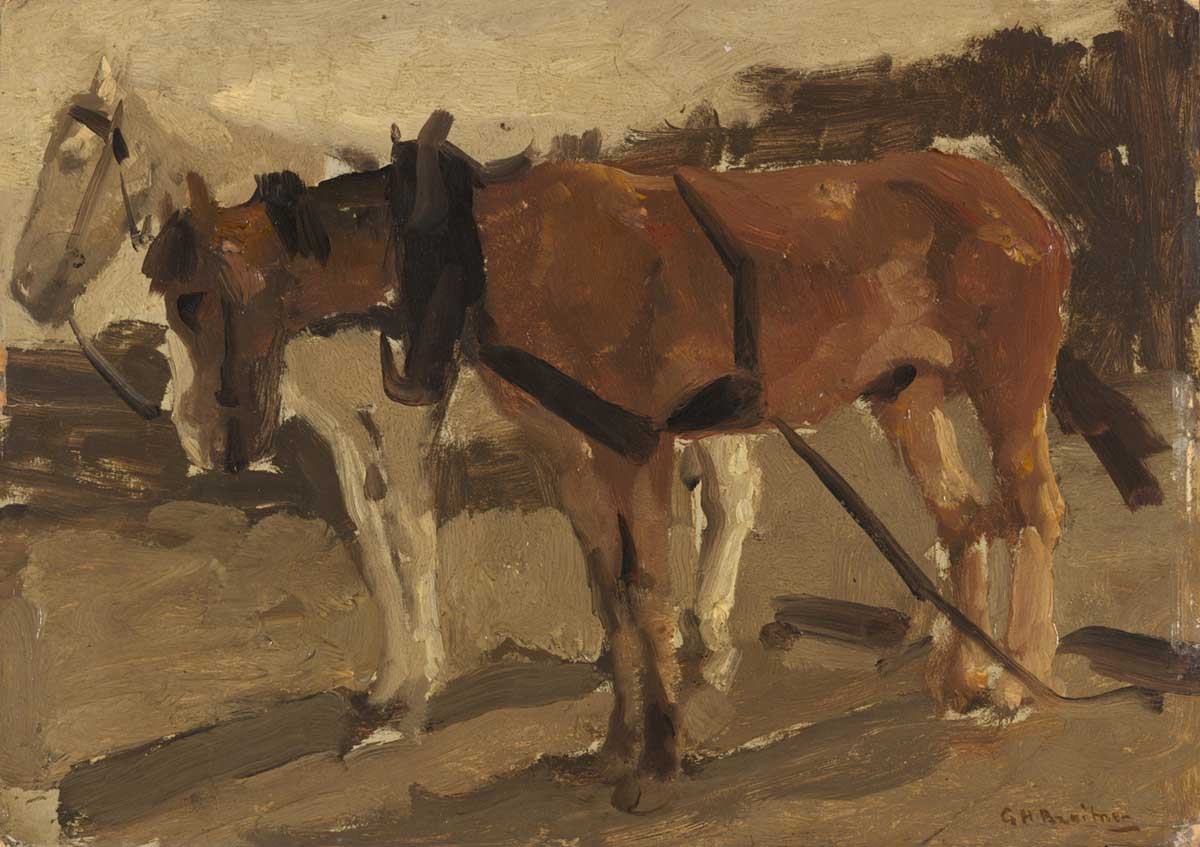 vintage horse painting by Hendrik Breitner entitled "A brown and a white horse in Scheveningen" for use as free printable wall art