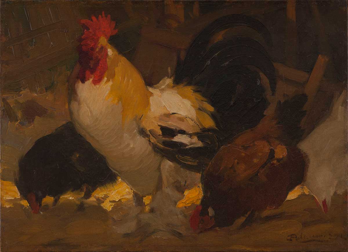 free vintage european cottage painting of farm chickens by Henri Deluermoz entitled "Coq et poules"