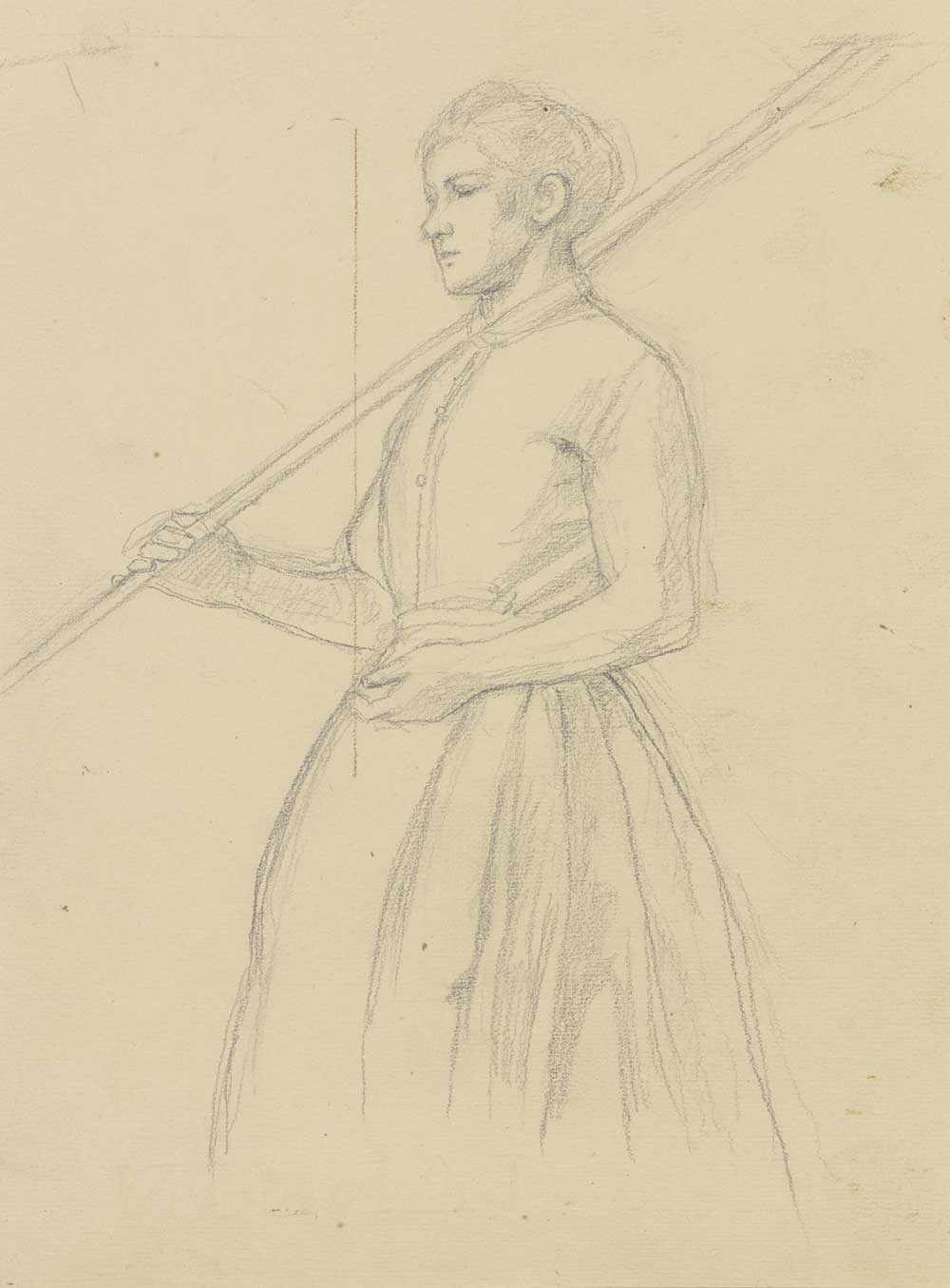 vintage drawing of a farm girl by Jakob Becker entitled "Farm girl with rake over her shoulder (Bauernmädchen mit geschultertem Rechen)" for use as free printable cottage wall art